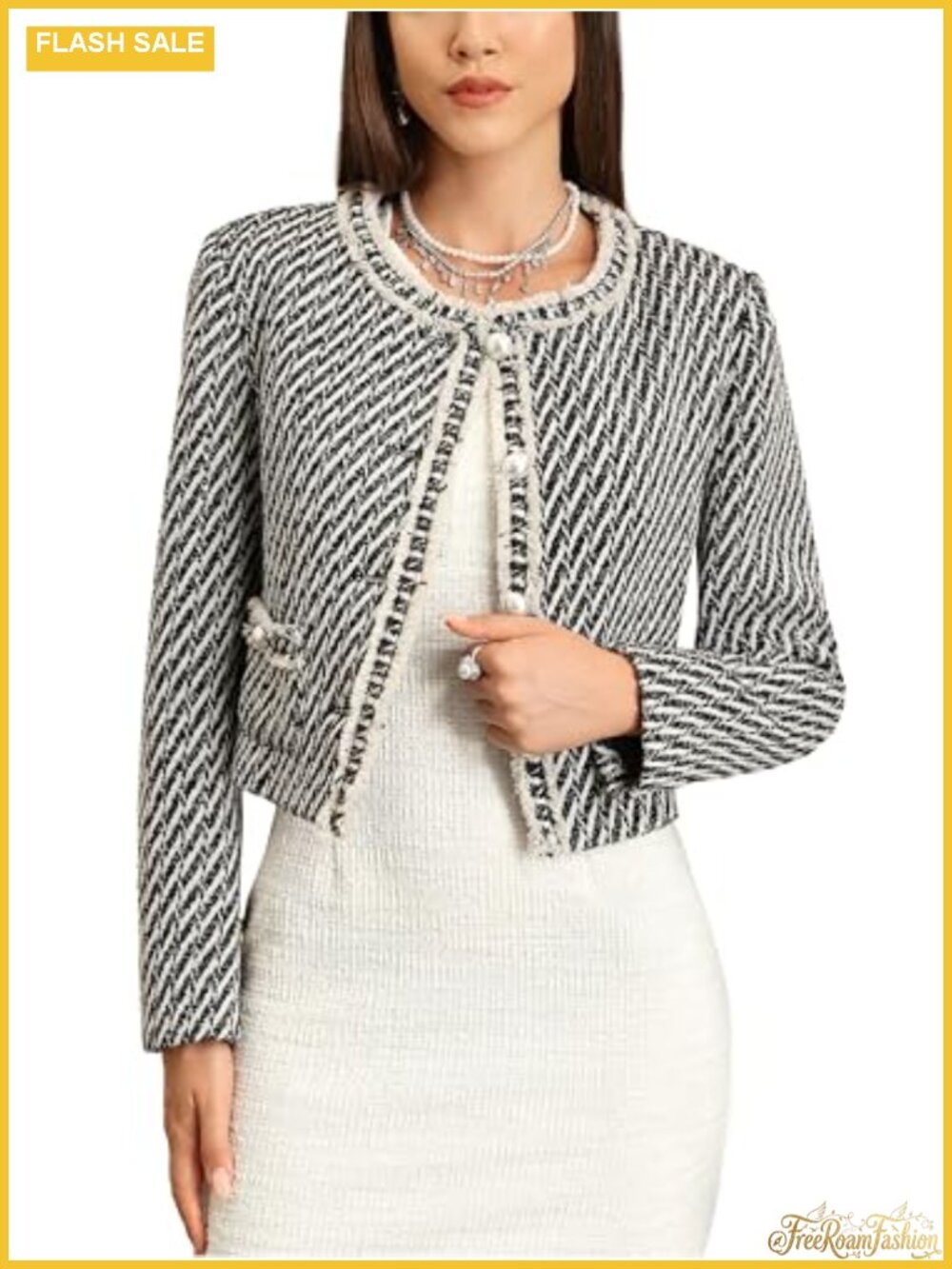 Tweed Blazer Jacket Collarless Cropped Long Sleeve Pockets